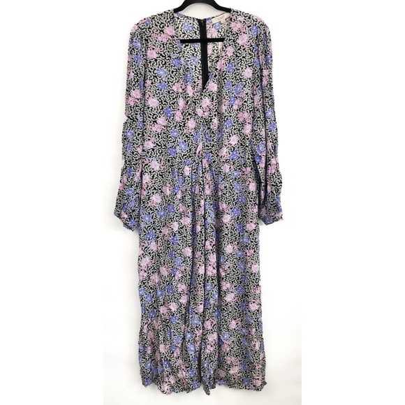 NWT Loft Floral Ruched Long Sleeve Midi Dress, Black Pink Blue - Size‎ 18 - Picture 2 of 10